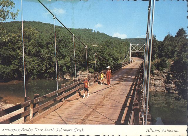 Swinging Bridge over South Sylamore Creek, Allison, Stone County, Ark., ca. 1970.(02263)